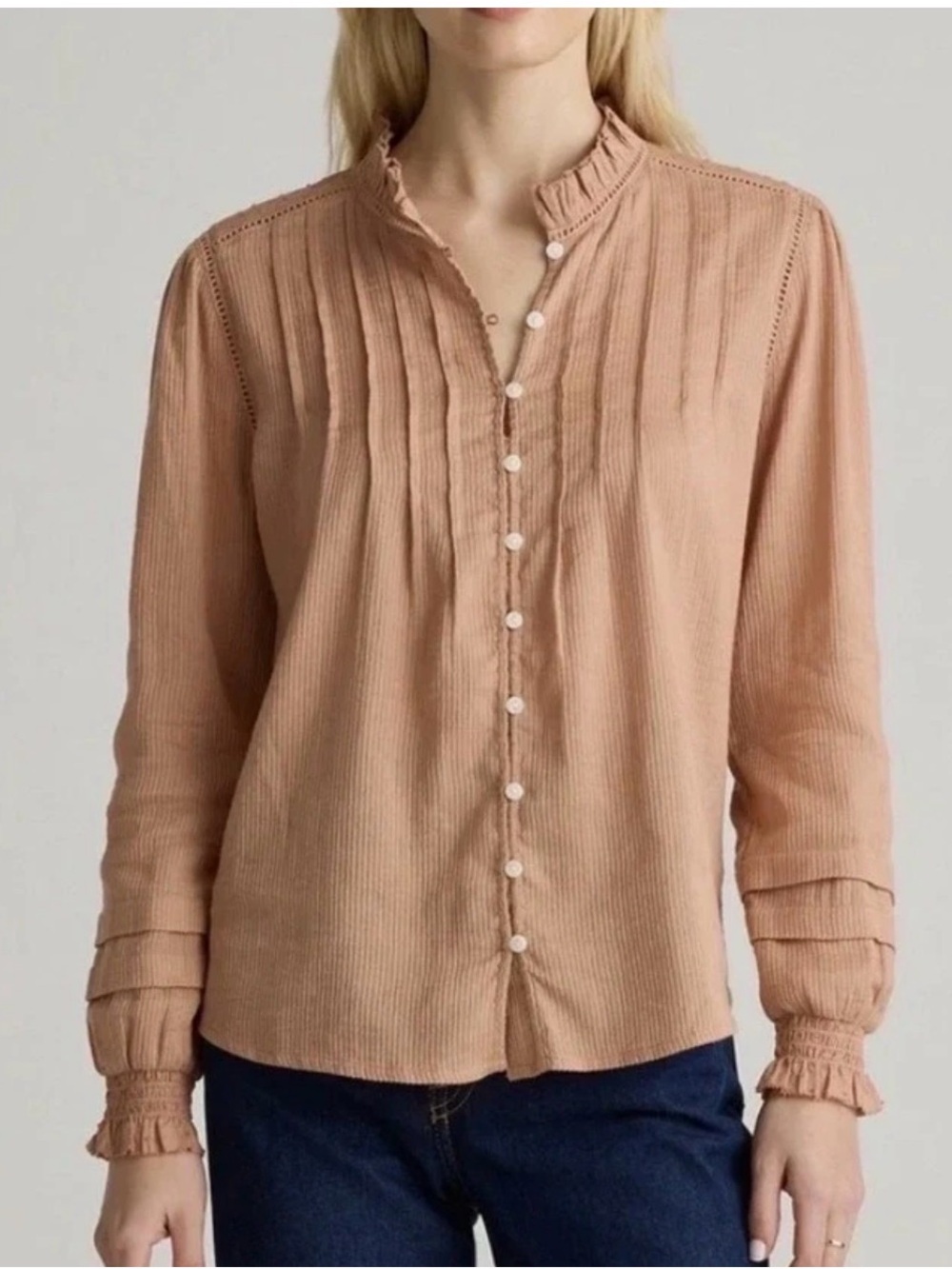 Quince Peach Pintuck Button-Front Blouse